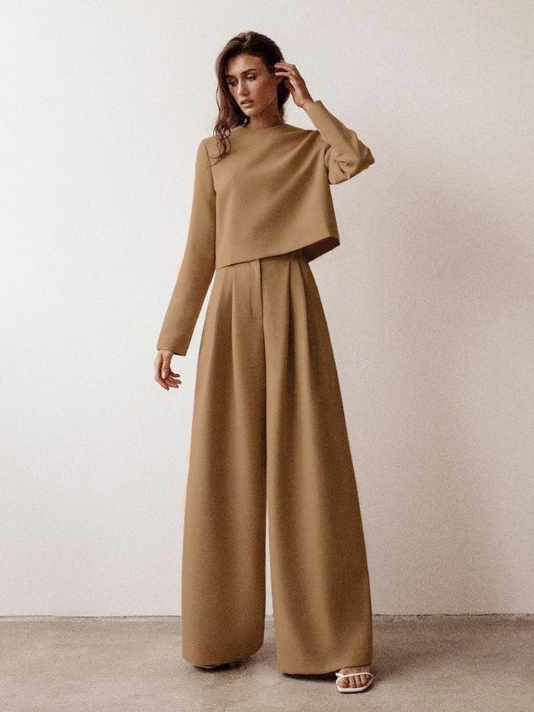 Women’s Palazzo Set – Wide-Leg Pleated Trousers – Cropped Long Sleeve Top – Tailored Fit