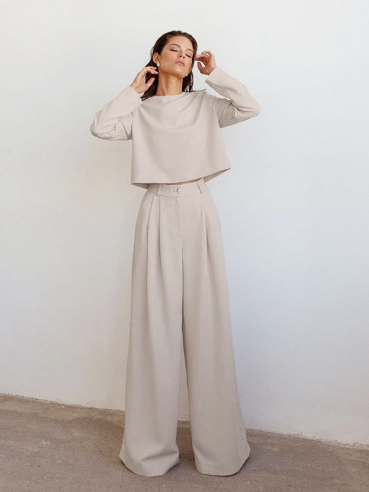 Women’s Palazzo Set – Wide-Leg Pleated Trousers – Cropped Long Sleeve Top – Tailored Fit