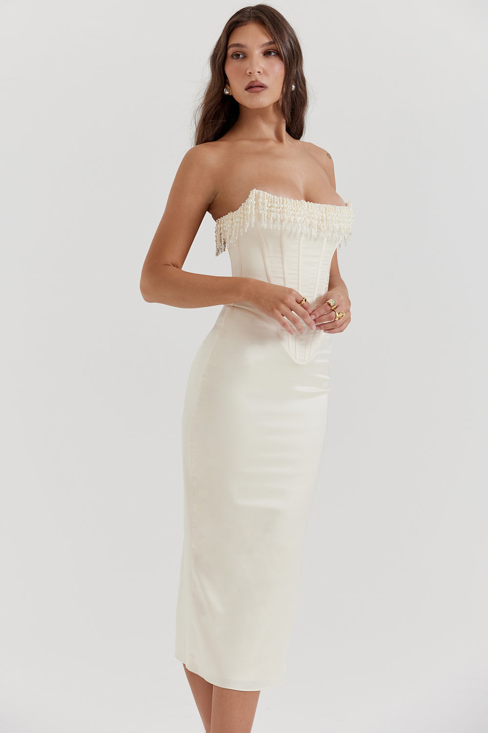 Women’s Strapless Dress – Satin Finish – Fitted Silhouette – Lace-Up Back – Midi Length