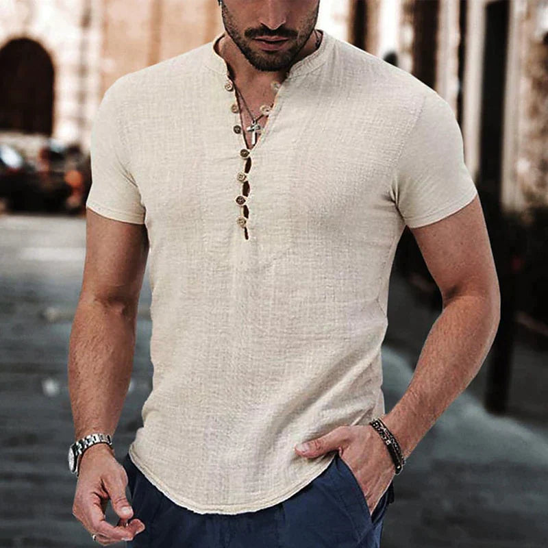 Men’s Henley Shirt - Short Sleeve - Lightweight Breathable Cotton - Buttoned Placket