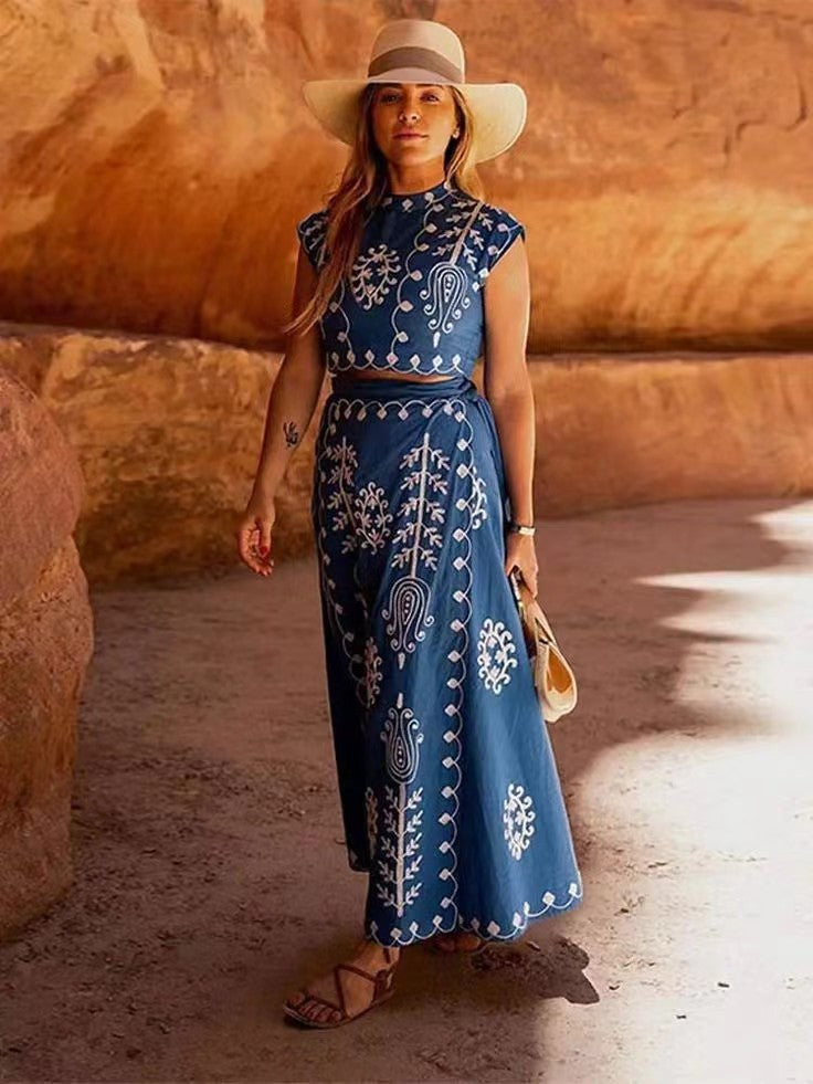 Women’s Two-Piece Set – Sleeveless Crop Top & Wrap Midi Skirt – Cotton Linen Blend
