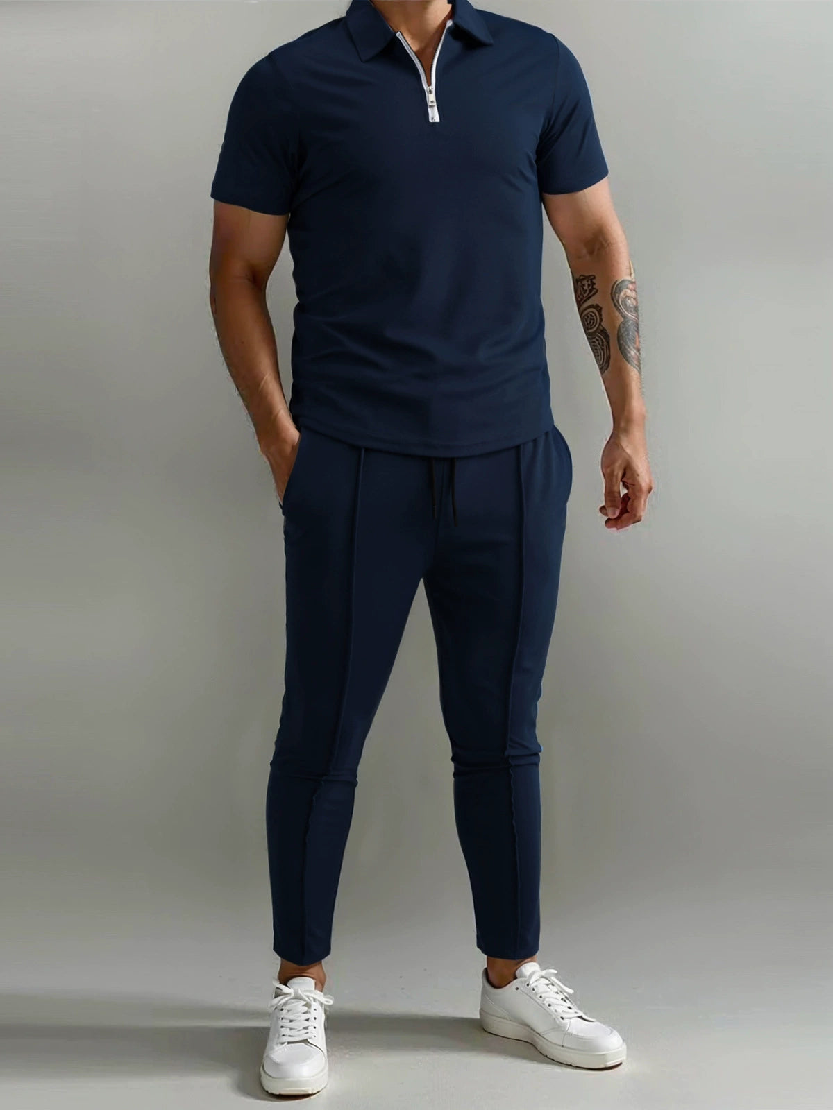 Men's Polo Shirt & Track Trousers - Zip Neck - Short Sleeve - Elastic Waist - Casual Fit