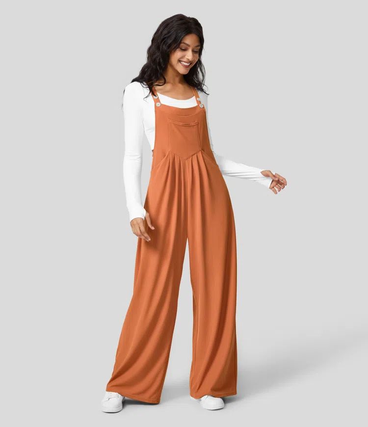 Women's Wide-Leg Overalls - Relaxed Fit - Button Strap - Casual Lightweight Wear