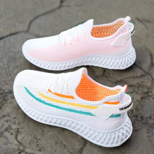 Women’s Sneakers - Breathable Knitted Upper - Cushioned Sole - Lace-Up Casual Wear