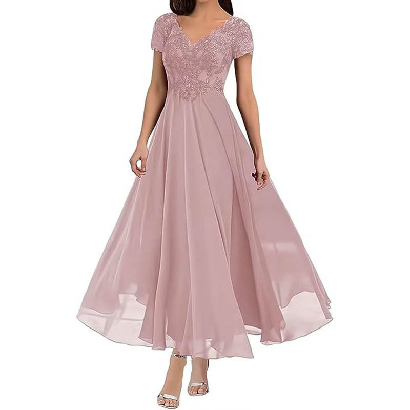 Women’s Maxi Dress – Lace Bodice – V-Neck – Short Sleeve – Flowing Skirt – Formal Wear
