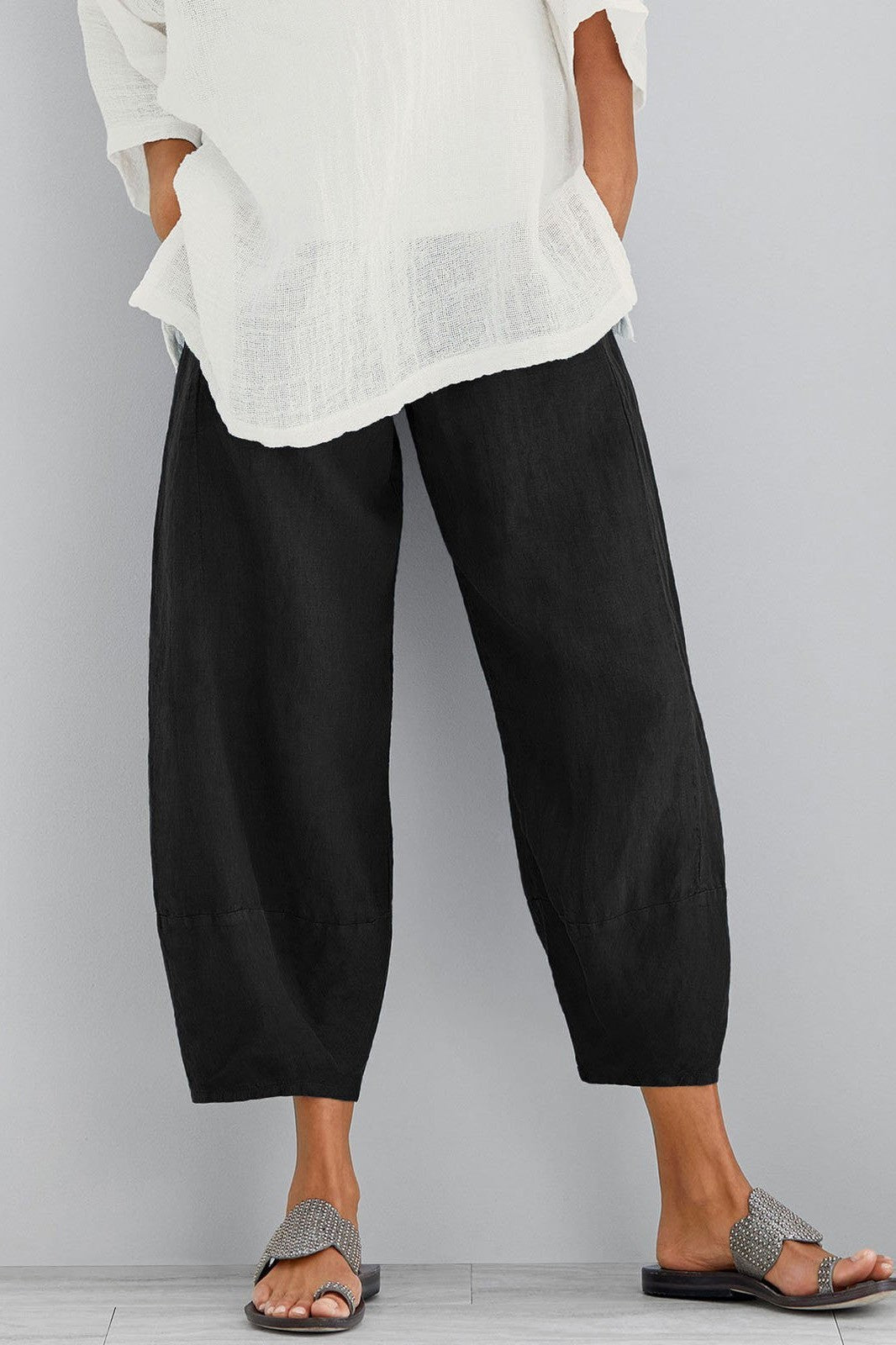 Women’s Casual Pants – Relaxed Fit – Wide Leg – Full Length – Breathable Blend – With Pockets