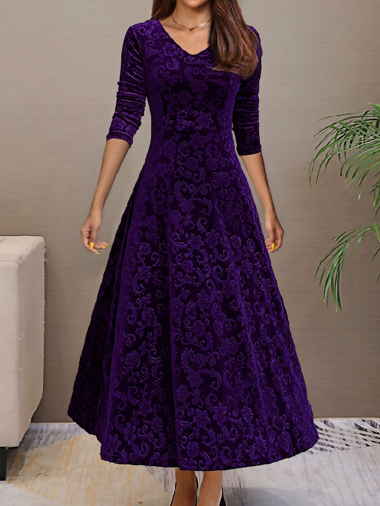 Women's Formal Dress - V-Neck - Floral Pattern - Velvet Elegant Evening Wear