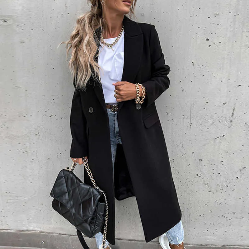 Women’s Wool Coat – Tailored Fit – Full Length – Classic Lapel – Button Front – Flap Pockets