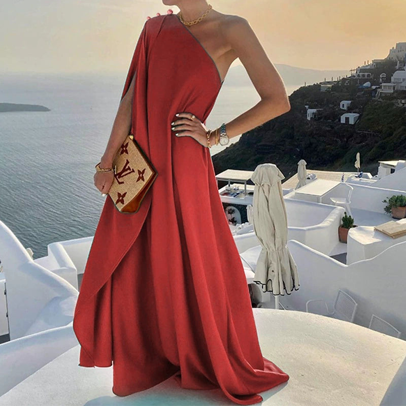 Women’s Maxi Dress - One Shoulder Draped Design - Elegant Formal Evening Wear