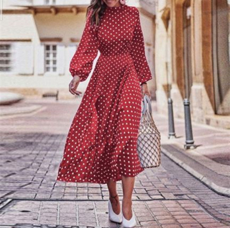Women's Polka Dot Maxi Dress - Elegant Long Sleeve - Versatile Evening Wear