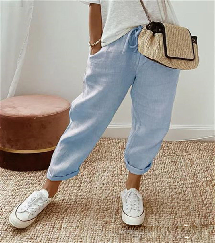 Women’s Trousers – Relaxed Fit – Breathable Blend – Drawstring Waist – Abstract Print