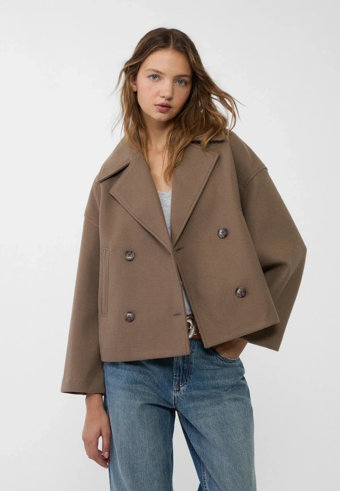 Women’s Double-Breasted Jacket – Wool-Look – Oversized Fit – Cropped Boxy Silhouette