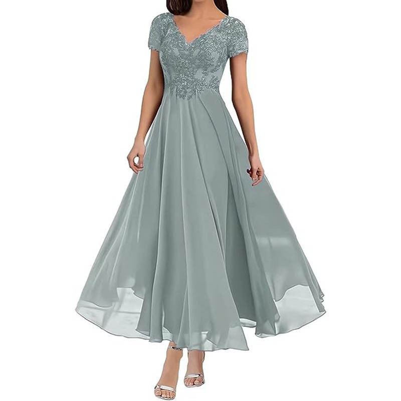 Women’s Maxi Dress – Lace Bodice – V-Neck – Short Sleeve – Flowing Skirt – Formal Wear