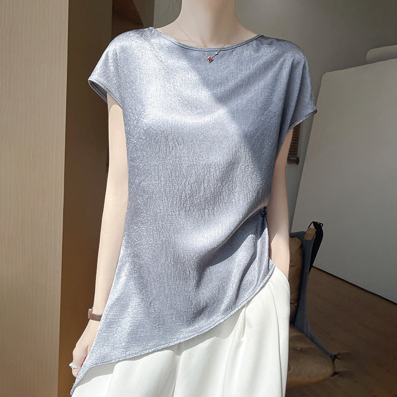 Women’s Short Sleeve Blouse - Asymmetrical Hem - Elegant Casual Top