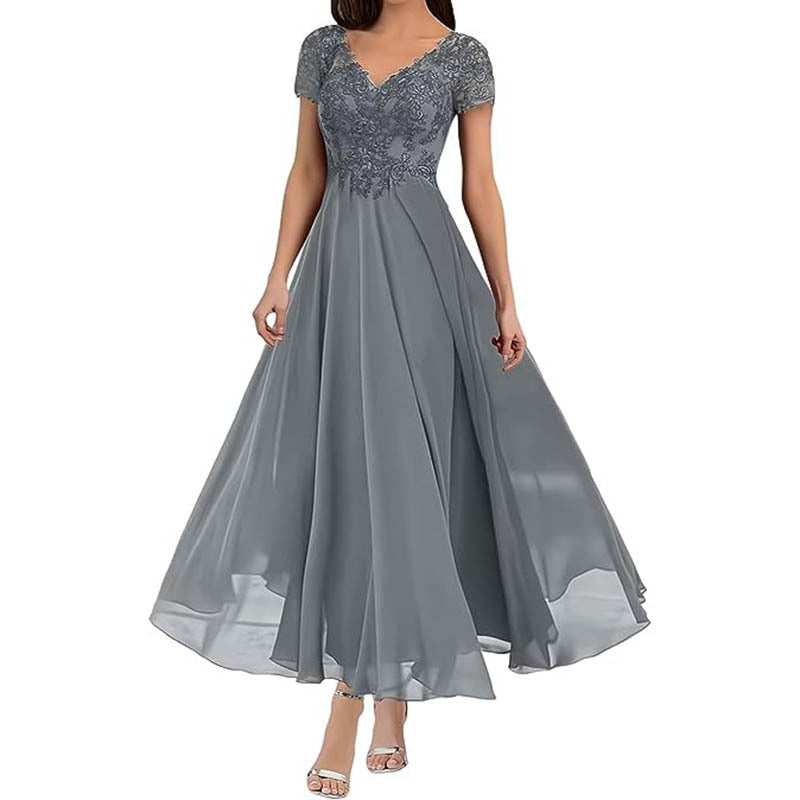 Women’s Maxi Dress – Lace Bodice – V-Neck – Short Sleeve – Flowing Skirt – Formal Wear
