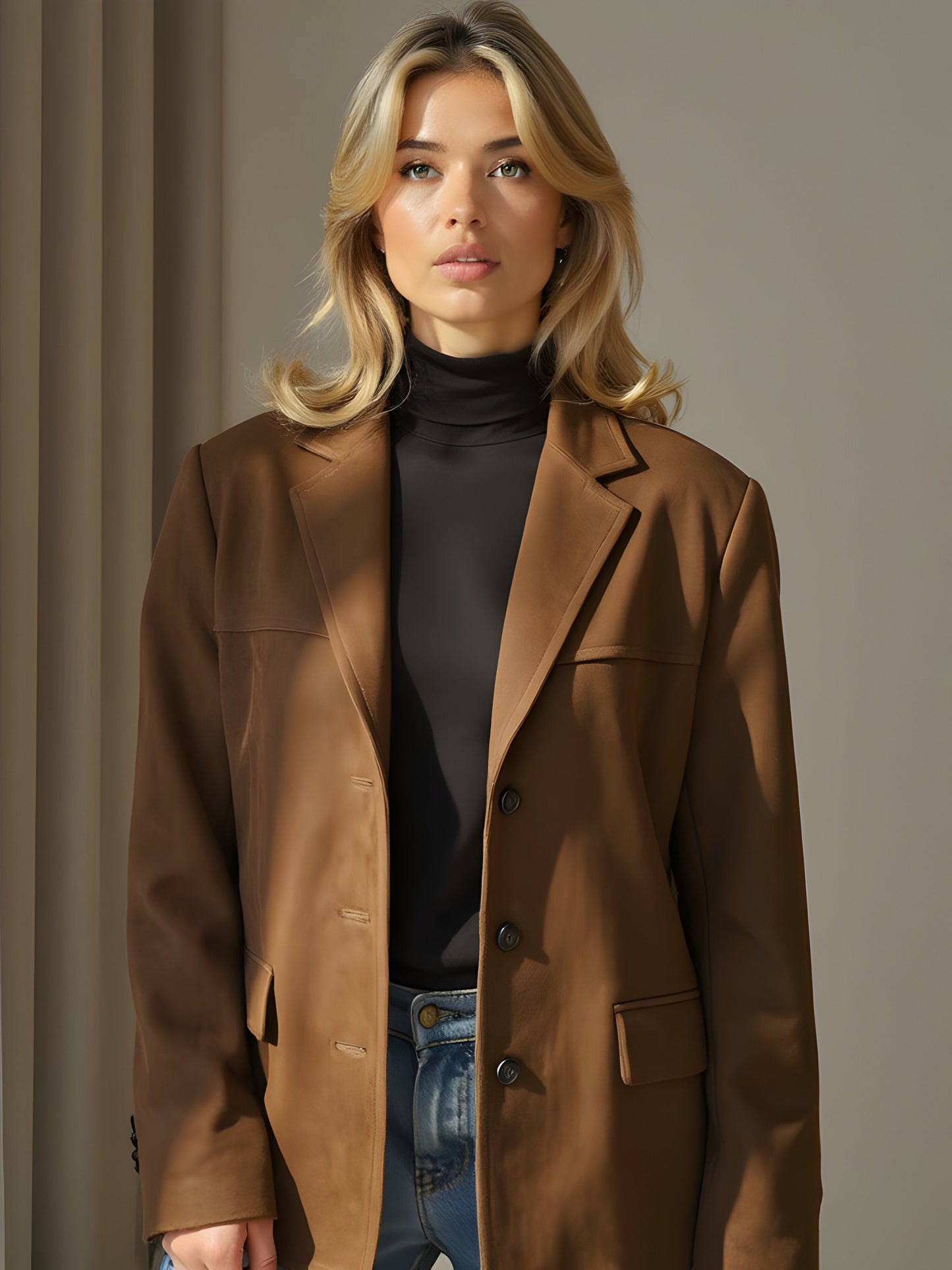 Women’s Jacket – Tailored Fit – Suede-Style Texture – Notched Lapel – Hip Length