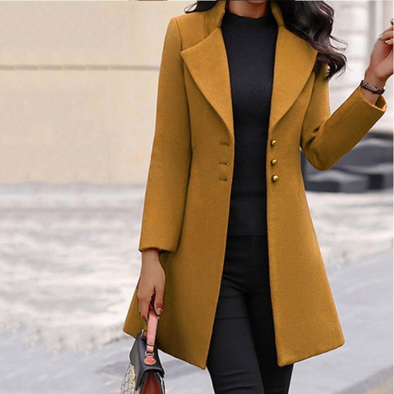 Women’s Coat – Tailored Fit – Wool – Knee Length – Lapel Collar Formal Style