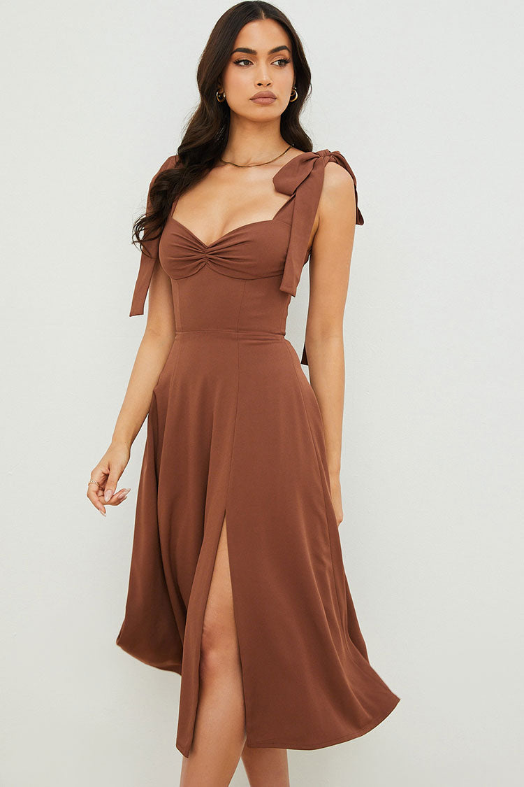 Women’s Slip Midi Dress – Fit and Flare – Ruched Bust – Tie Straps – High Slit