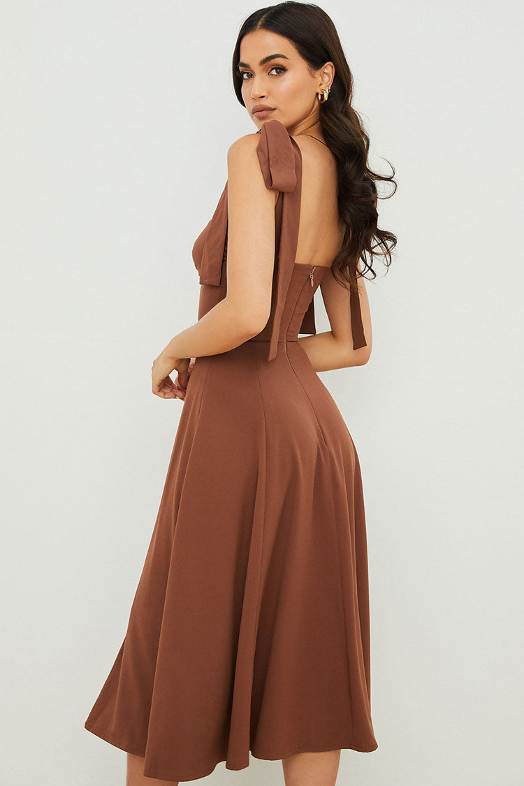 Women’s Slip Midi Dress – Fit and Flare – Ruched Bust – Tie Straps – High Slit