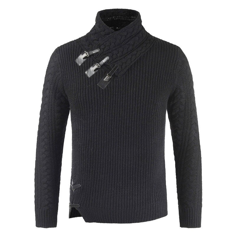 Men’s Pullover Sweater – Slim Fit – Wool Blend – Asymmetric Neckline – Buckle Detail