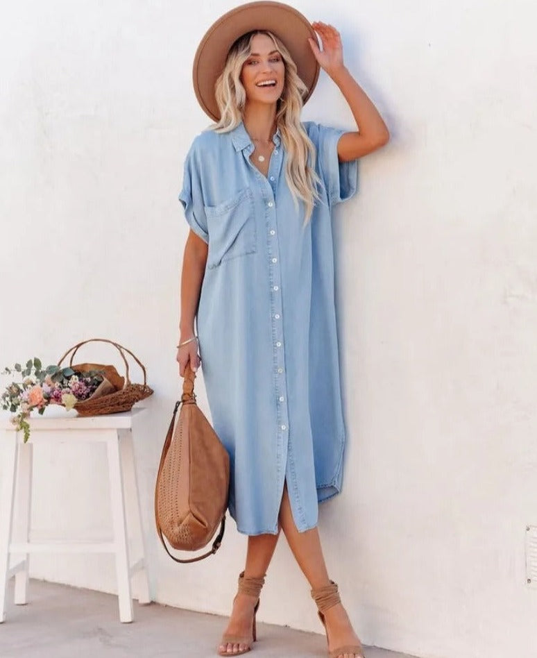 Women's Short-Sleeve Denim Shirt Dress