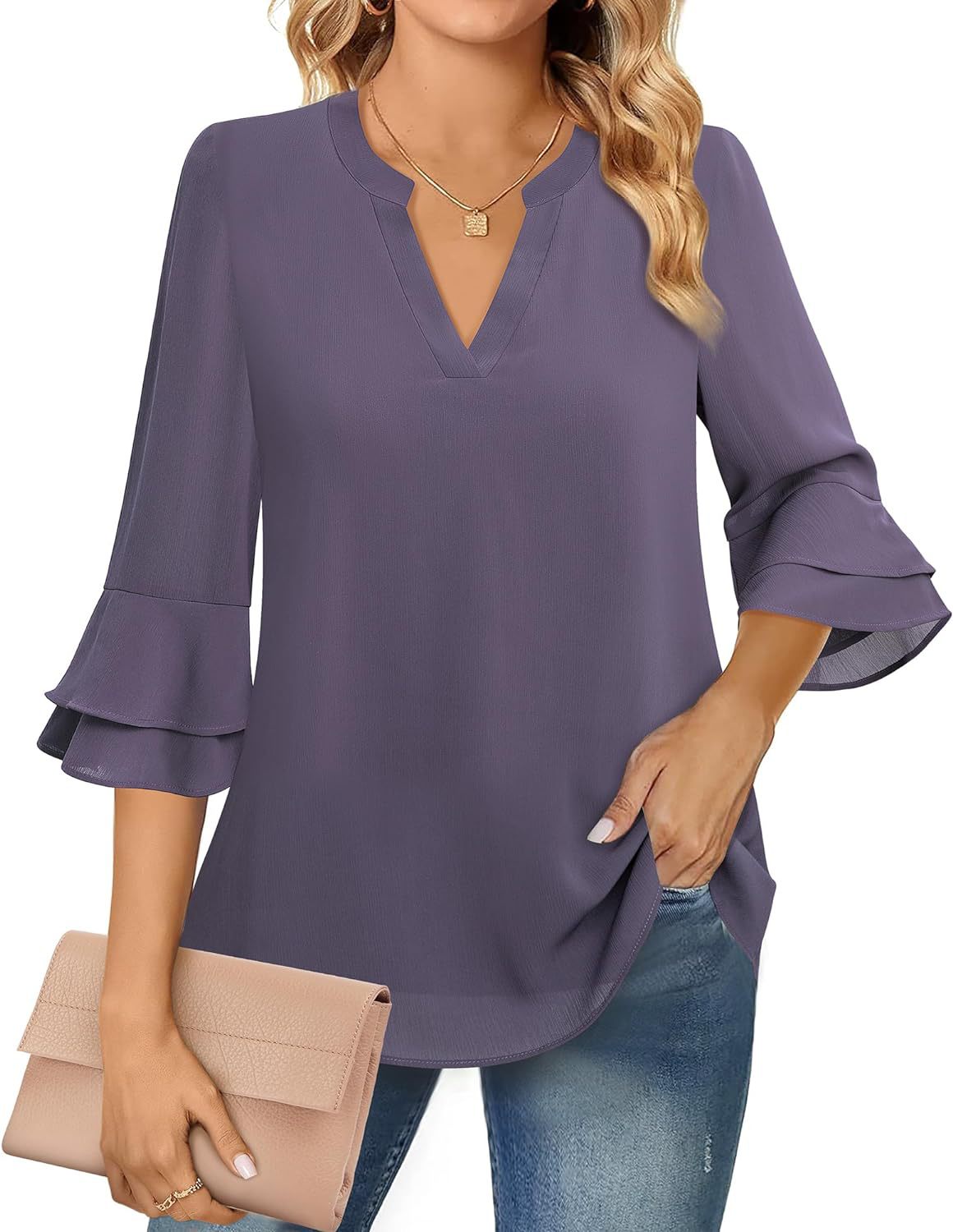 Ruffle sleeve blouse with V-neckline for women