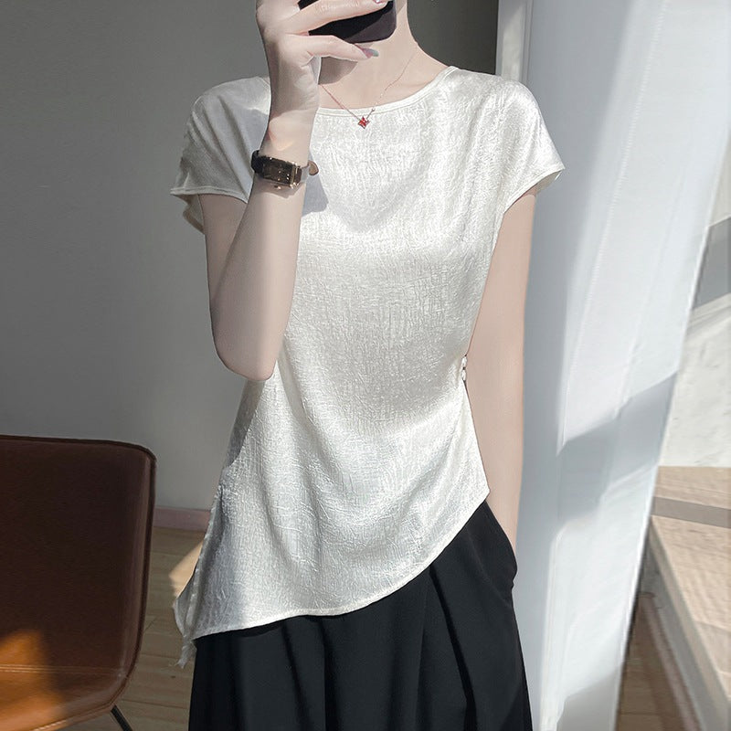 Women’s Short Sleeve Blouse - Asymmetrical Hem - Elegant Casual Top