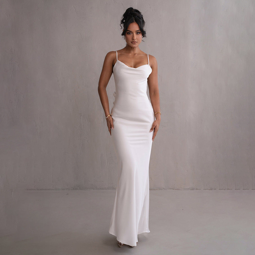 Women's Evening Prom Gown Dress - Satin Floor-Length - Backless Floral Appliqué - Form-Fitting