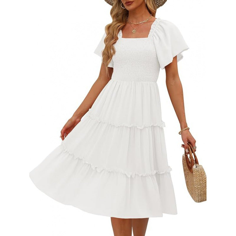 Women's Midi Dress - Smocked Bodice - Ruffled Hem - Lightweight Elegant Fit