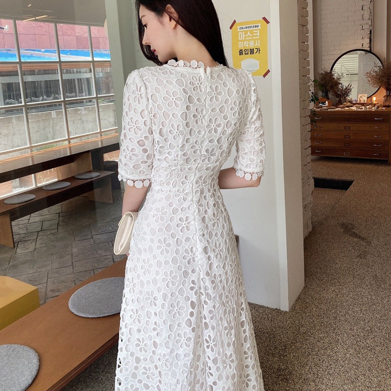 Women’s Maxi Dress – Lace A-Line Fit – V-Neck – Mid Sleeve – Scalloped Detail