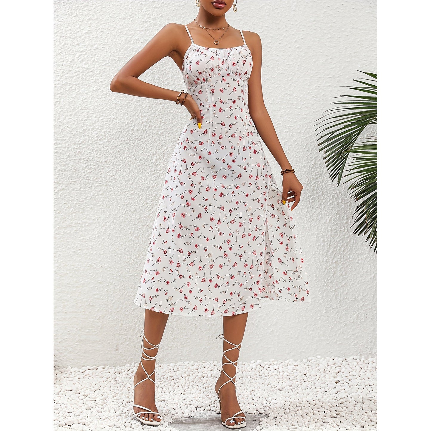 Women's Midi Dress - Sleeveless Spaghetti Strap - Floral Print A-Line - Side Slit