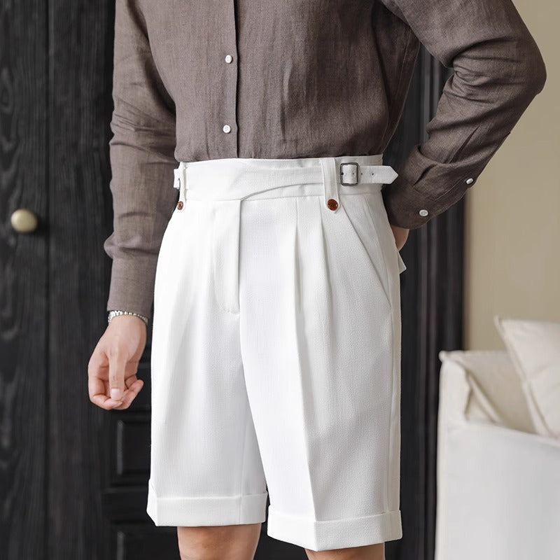 Men’s Tailored Shorts – Pleated Front – Cuffed Hem – Knee Length