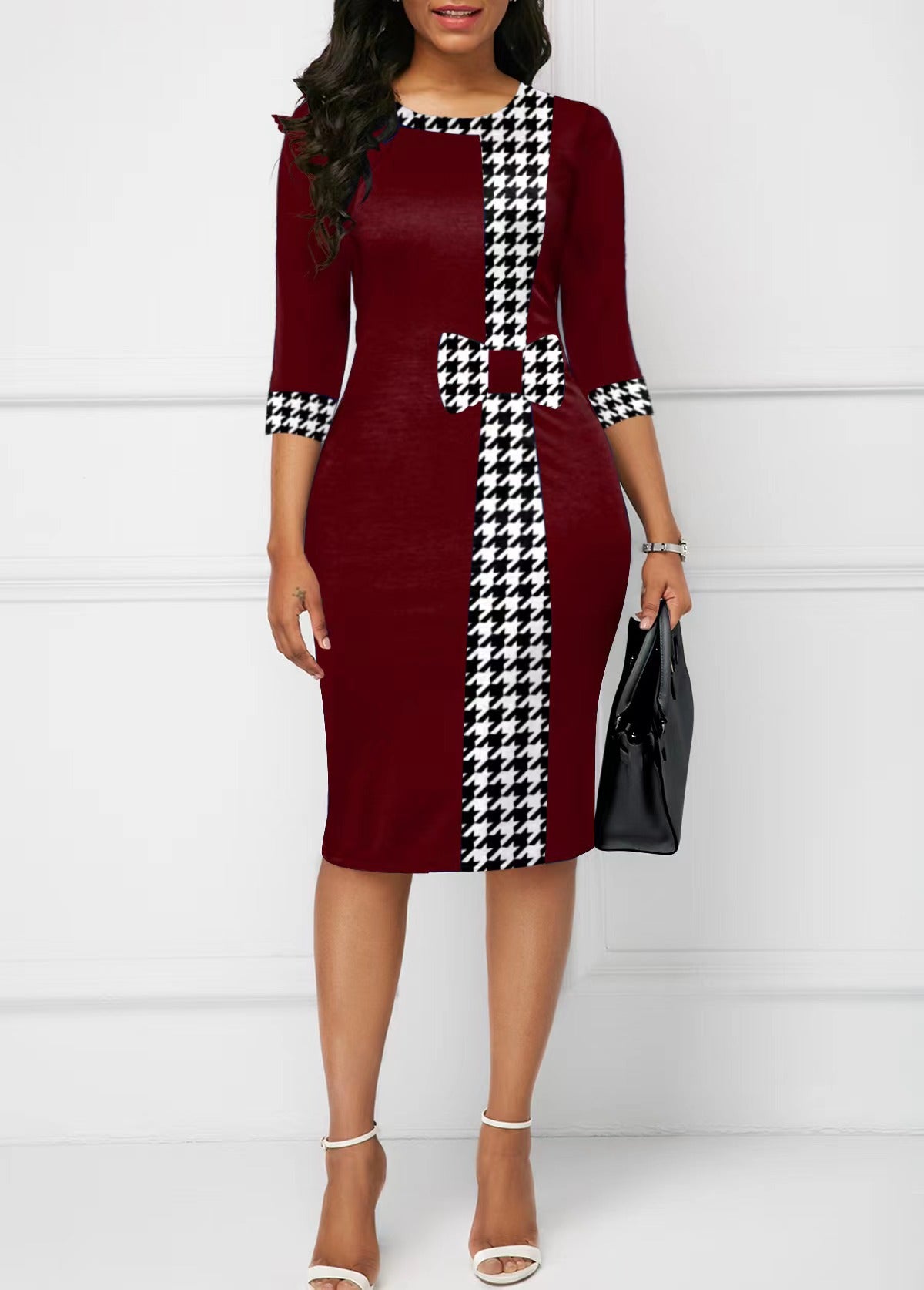 Stylish Hip-Wrapped Three-Quarter Sleeve Puzzle Print Dress for Women