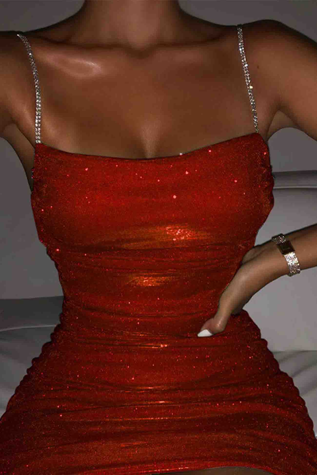 Glitter Ruched Chain Strap Mini Cami Dress