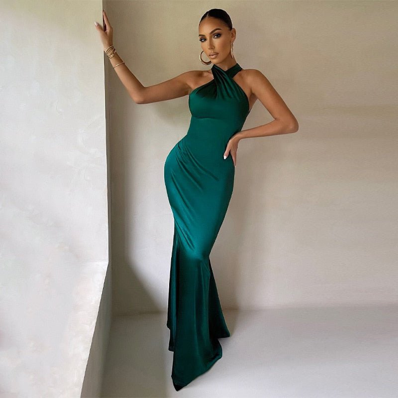 Women’s Evening Gown - Halter Neck - Floor Length - Satin Finish - Elegant Fit