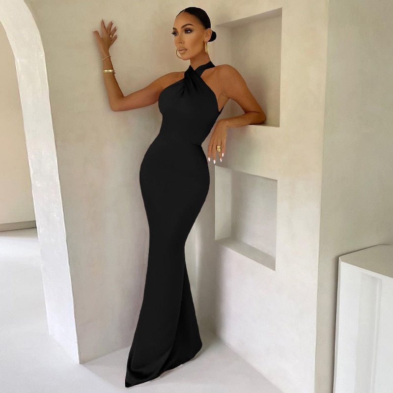 Women’s Evening Gown - Halter Neck - Floor Length - Satin Finish - Elegant Fit
