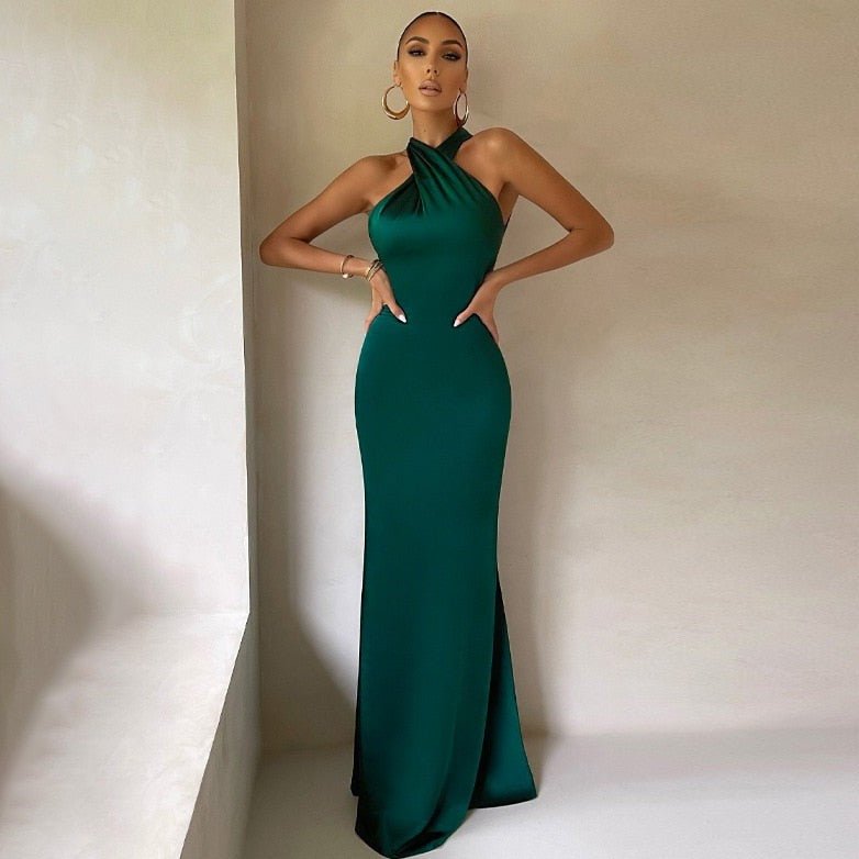 Women’s Evening Gown - Halter Neck - Floor Length - Satin Finish - Elegant Fit
