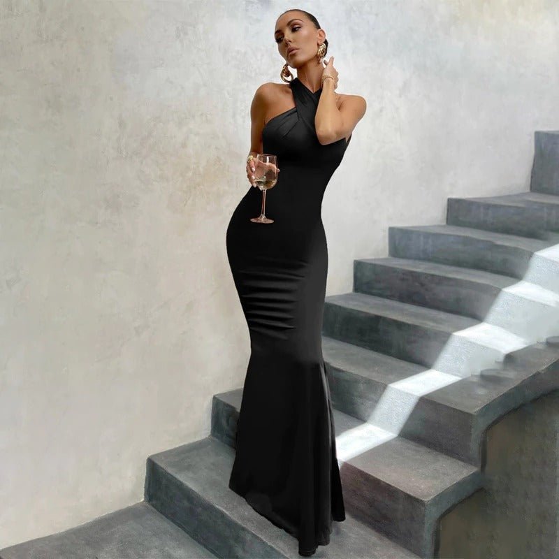 Women’s Evening Gown - Halter Neck - Floor Length - Satin Finish - Elegant Fit