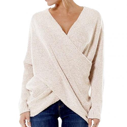 Women’s Pullover Sweater – Relaxed Fit – Wool Blend – Crossover V-Neck – Ribbed Knit