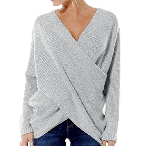 Women’s Pullover Sweater – Relaxed Fit – Wool Blend – Crossover V-Neck – Ribbed Knit