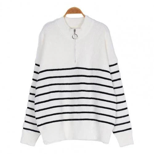 Women’s Pullover Sweater – Relaxed Fit – Ribbed Knit – Zip Collar – Striped – Long Sleeve