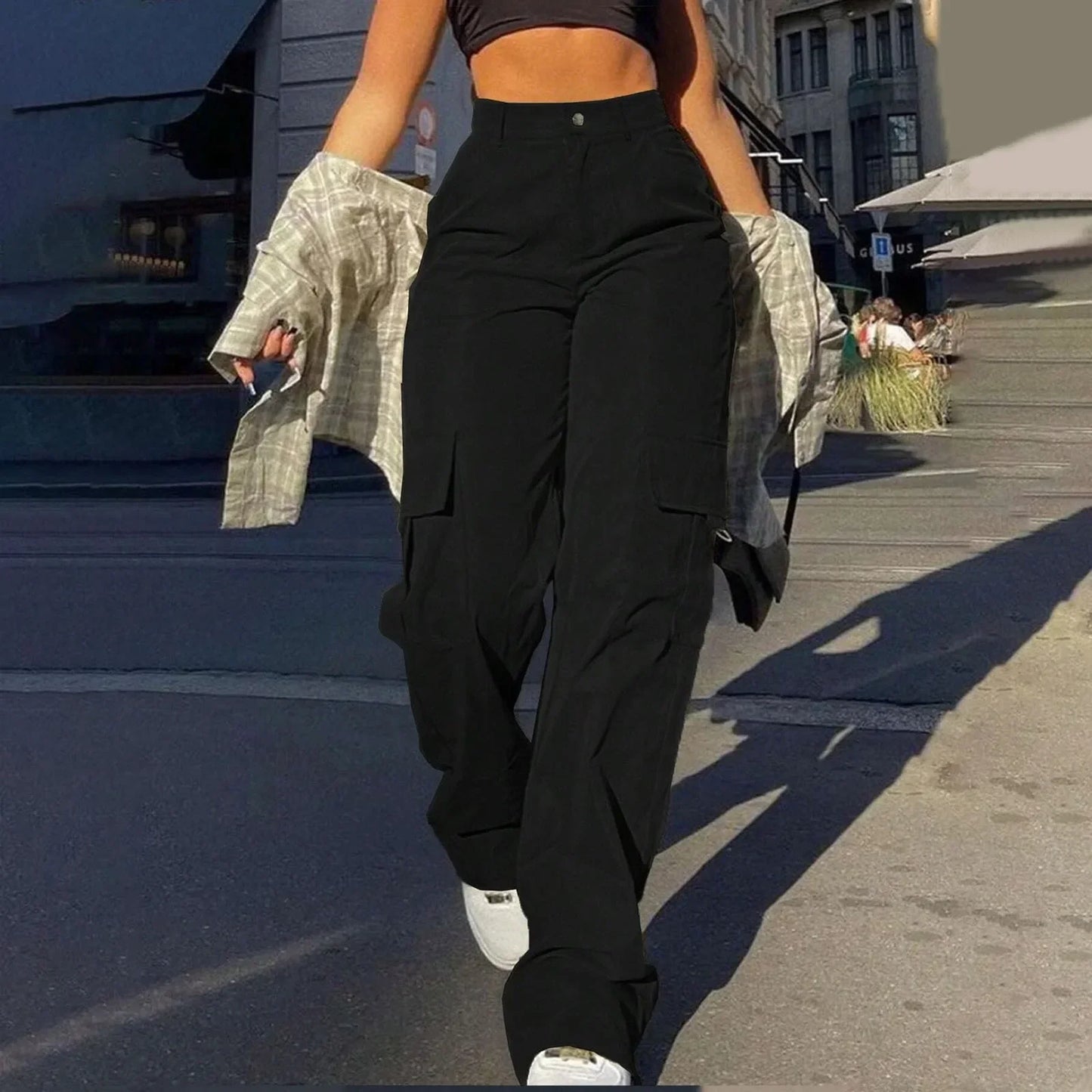 Women’s Cargo Trousers – High Waist – Relaxed Fit – Utility Pockets – Full Length