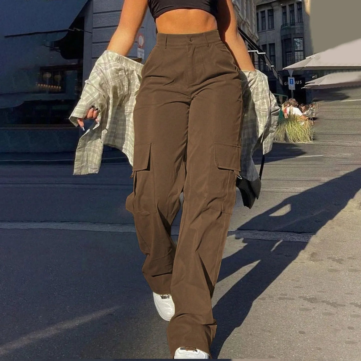 Women’s Cargo Trousers – High Waist – Relaxed Fit – Utility Pockets – Full Length