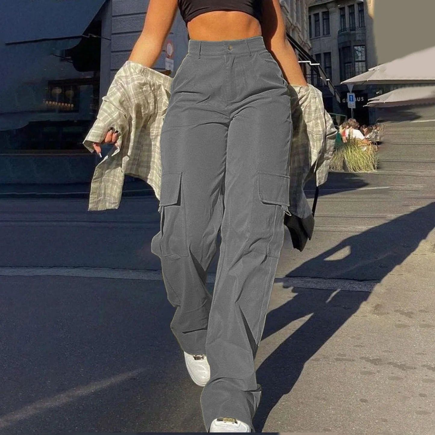 Women’s Cargo Trousers – High Waist – Relaxed Fit – Utility Pockets – Full Length