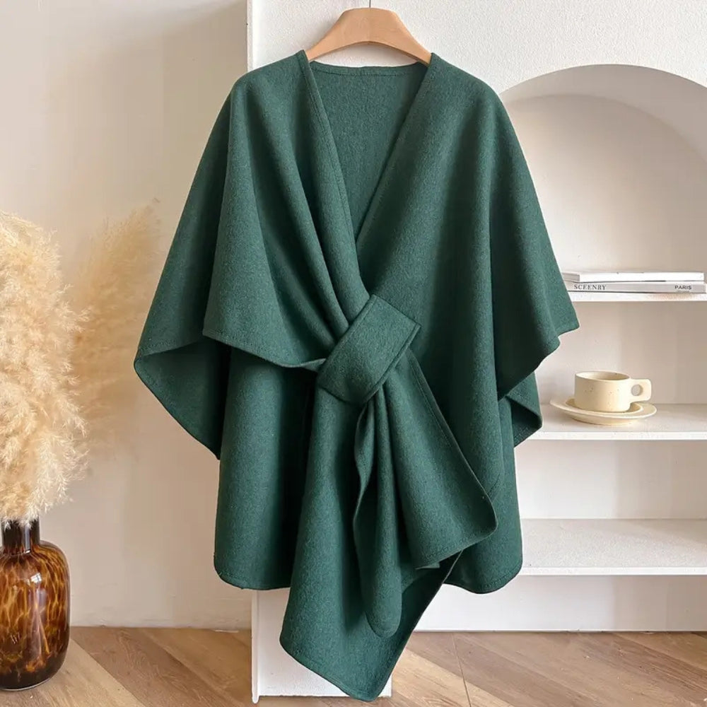 Women’s Poncho Shawl Coat – Wool – Draped Fit – Waist Tie – Knee Length