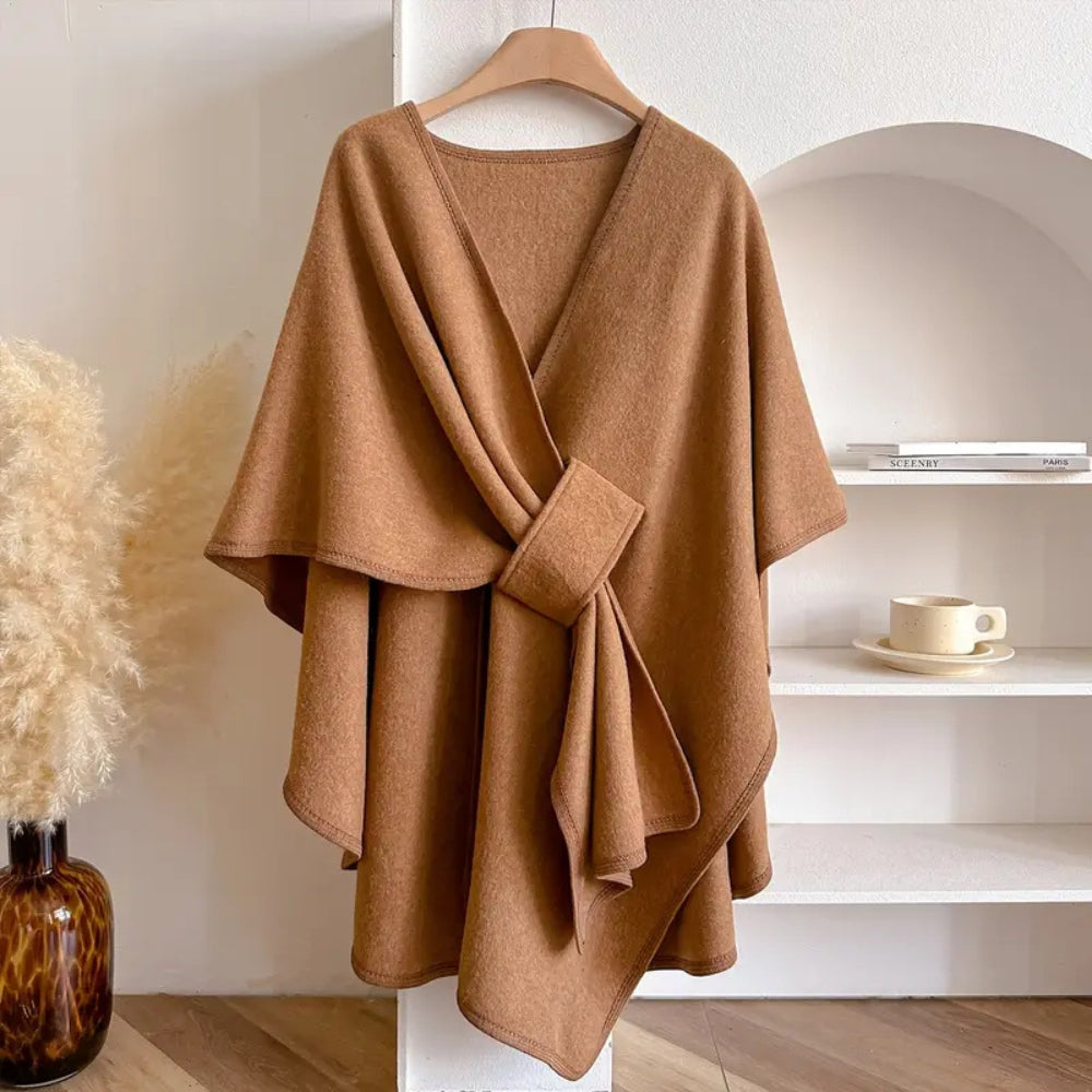 Women’s Poncho Shawl Coat – Wool – Draped Fit – Waist Tie – Knee Length