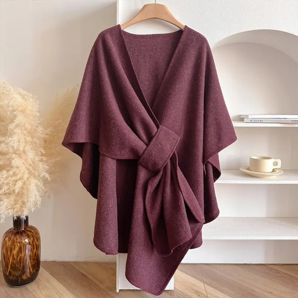 Women’s Poncho Shawl Coat – Wool – Draped Fit – Waist Tie – Knee Length