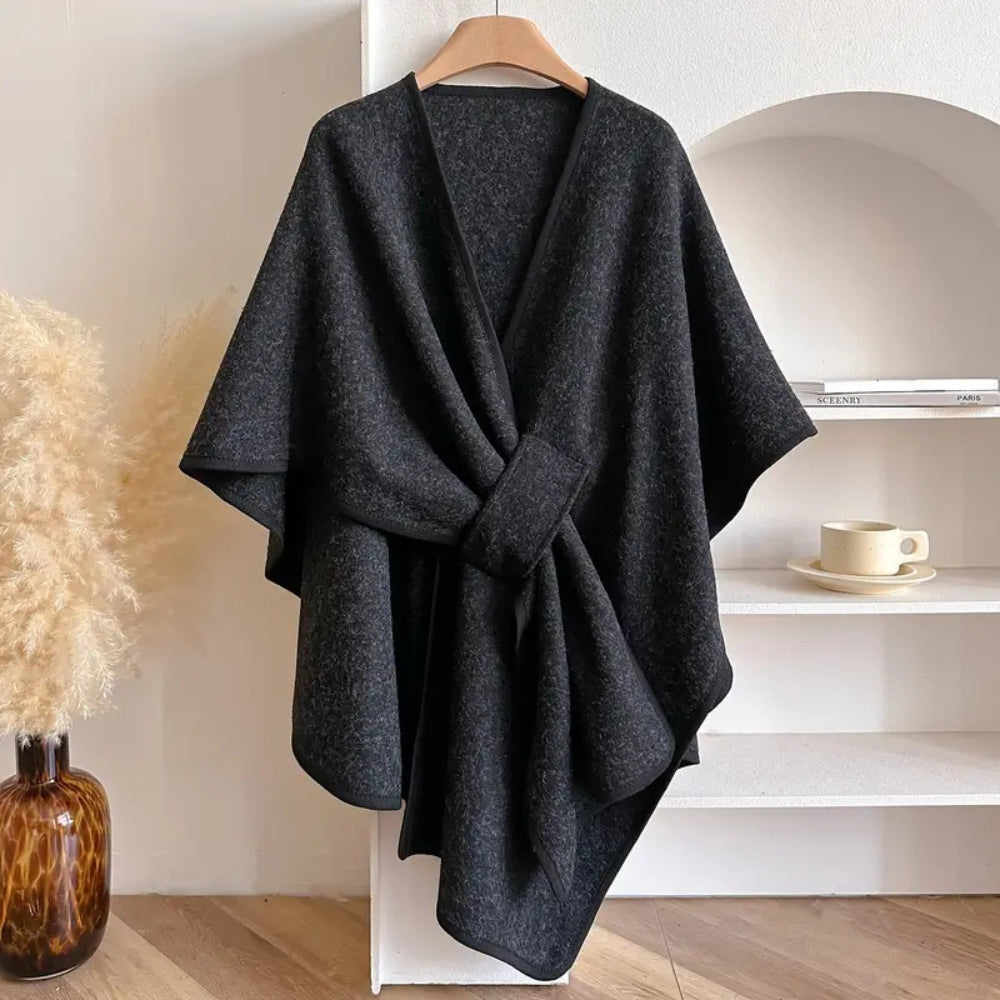 Women’s Poncho Shawl Coat – Wool – Draped Fit – Waist Tie – Knee Length