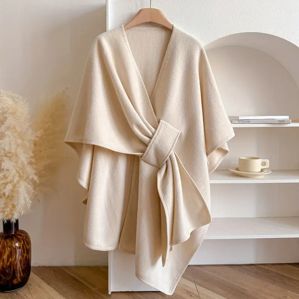 Women’s Poncho Shawl Coat – Wool – Draped Fit – Waist Tie – Knee Length
