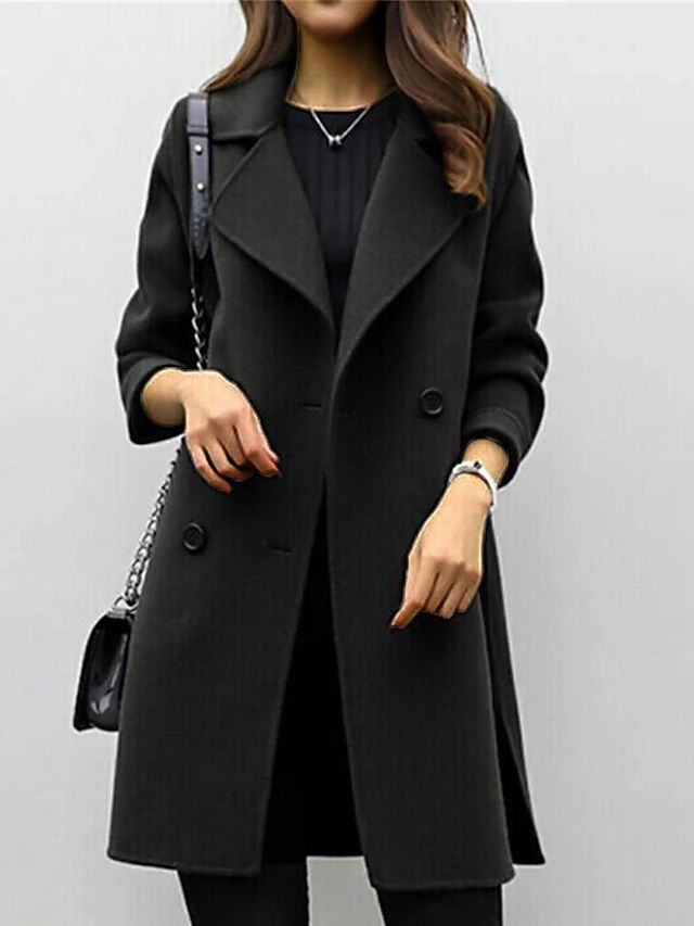 Women’s Double-Breasted Coat – Structured Fit – Wool Blend – Wide Lapels – Knee Length